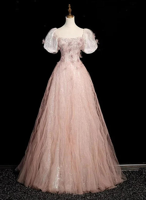 Vestido de fiesta largo de tul con lentejuelas y mangas cortas en color rosa