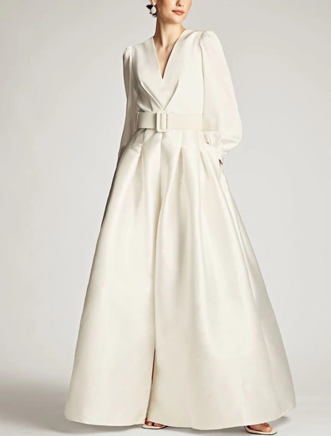 Weitese A-Line Evening Gown High Split Wedding Guest Dress Formal Fall Floor Length Long Sleeve V Neck Belt / Sash Satin with Pleats Slit