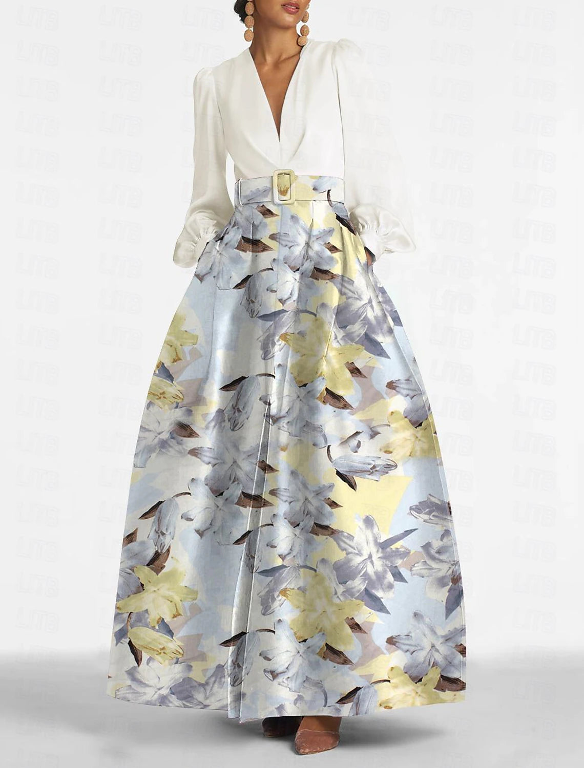 Weitese A-Line Evening Gown Elegant Dress Formal Wedding Guest Floor Length Long Sleeve V Neck Belt / Sash Satin with Slit