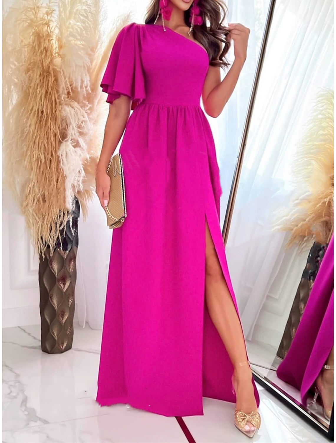 Women's Prom Dress Party Dress Satin Dress Long Dress Maxi Dress Black Red Fuchsia Short Sleeve Pure Color Ruffle Spring Fall Winter One Shoulder Fashion Christmas Wedding Guest Birthday