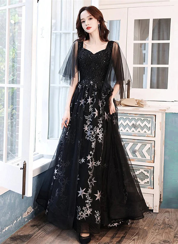 Black Beaded Straps A-line Floor Length Party Dress