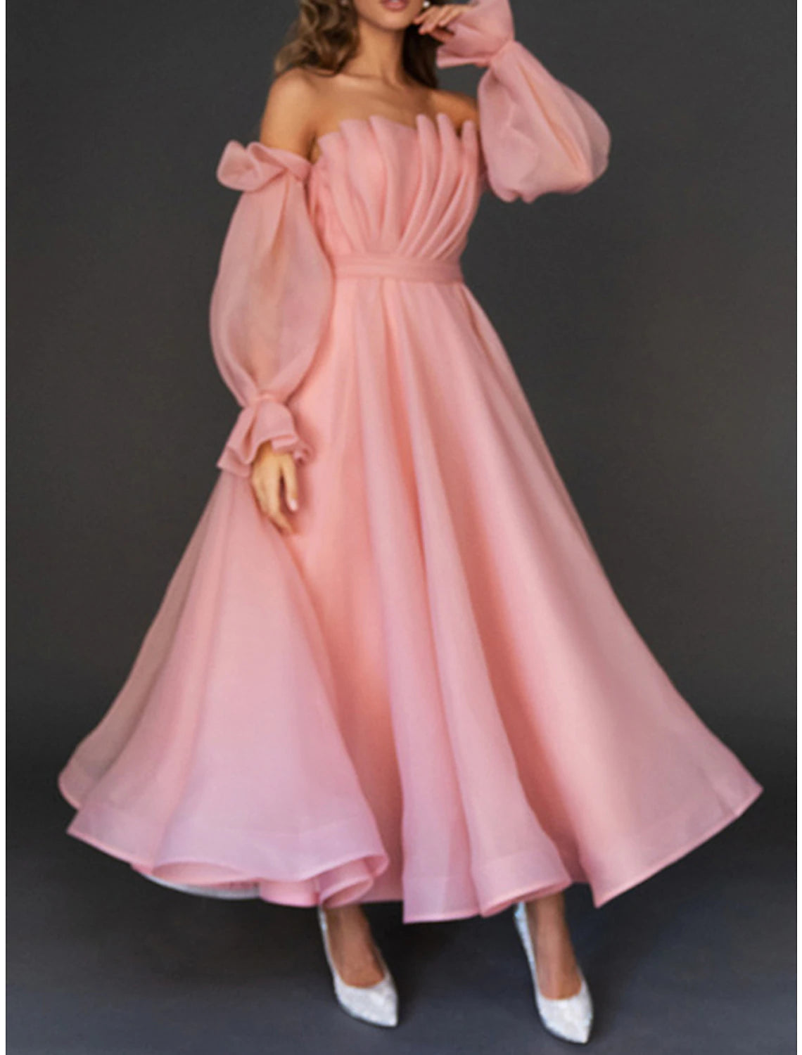 Weitese Women's Prom Dress Party Dress Homecoming Dress Long Dress Maxi Dress Pink Long Sleeve Pure Color Ruched Fall Winter Autumn Strapless Fashion Wedding Guest Birthday Evening Party