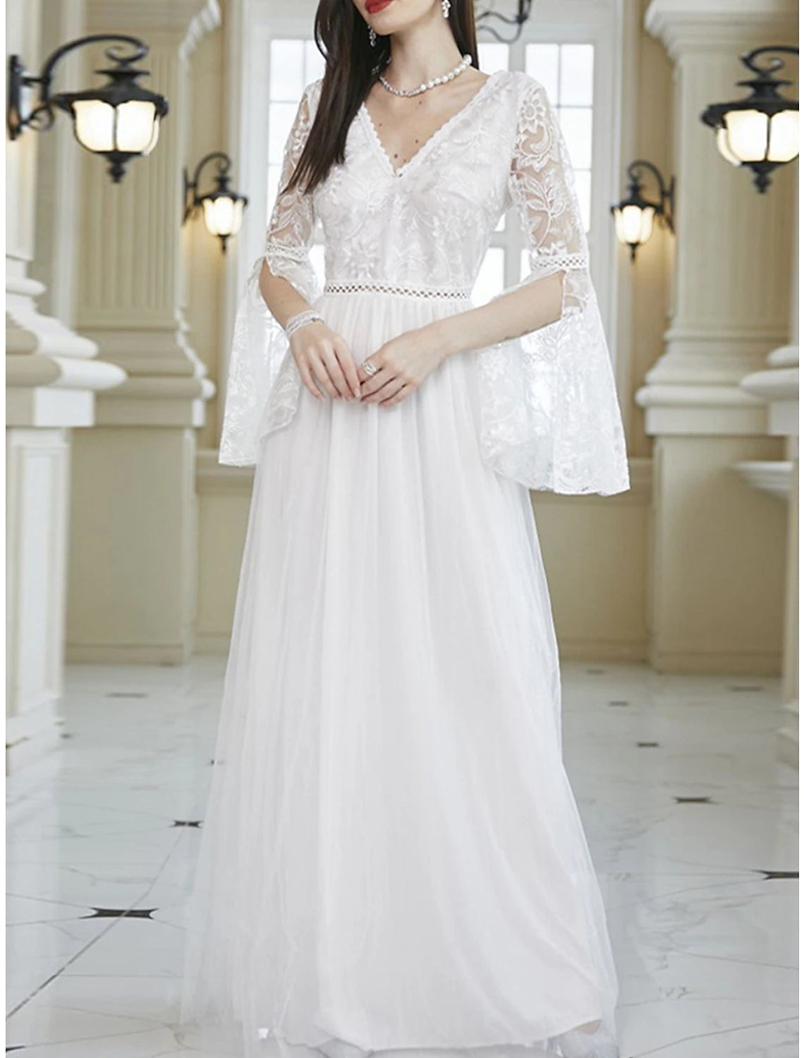 Weitese Women's Prom Dress Party Dress Lace Dress Long Dress Maxi Dress White Long Sleeve Pure Color Lace Summer Spring Fall V Neck Party Evening Party Wedding Guest Summer Dress