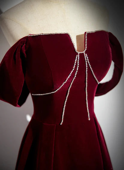 Wine Red Velvet Long Off Shoulder Prom Dress