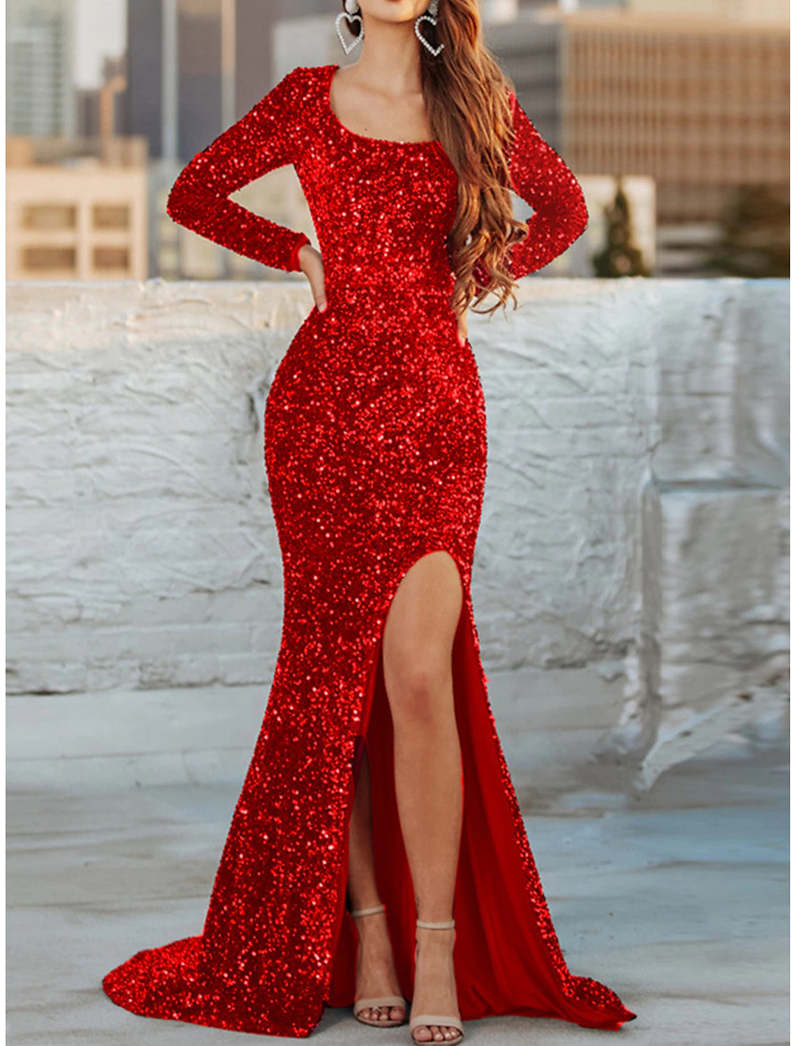 Women's Red Christmas Party Dress New Year's Eve Dress Sparkly Sequin Dress Long Dress Red Long Sleeve Sequins Square Neck Winter Dress