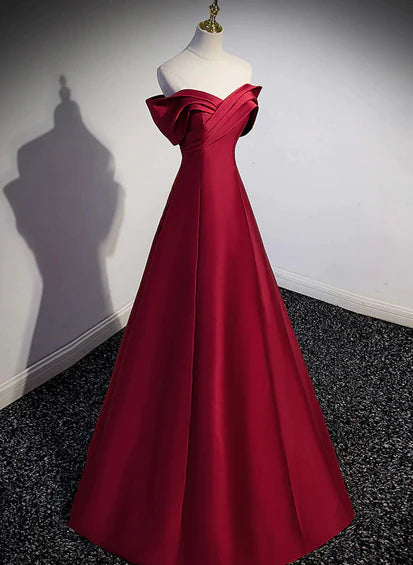 Vestido de fiesta de satén rojo vino, largo hasta el suelo, con hombros descubiertos y corte A