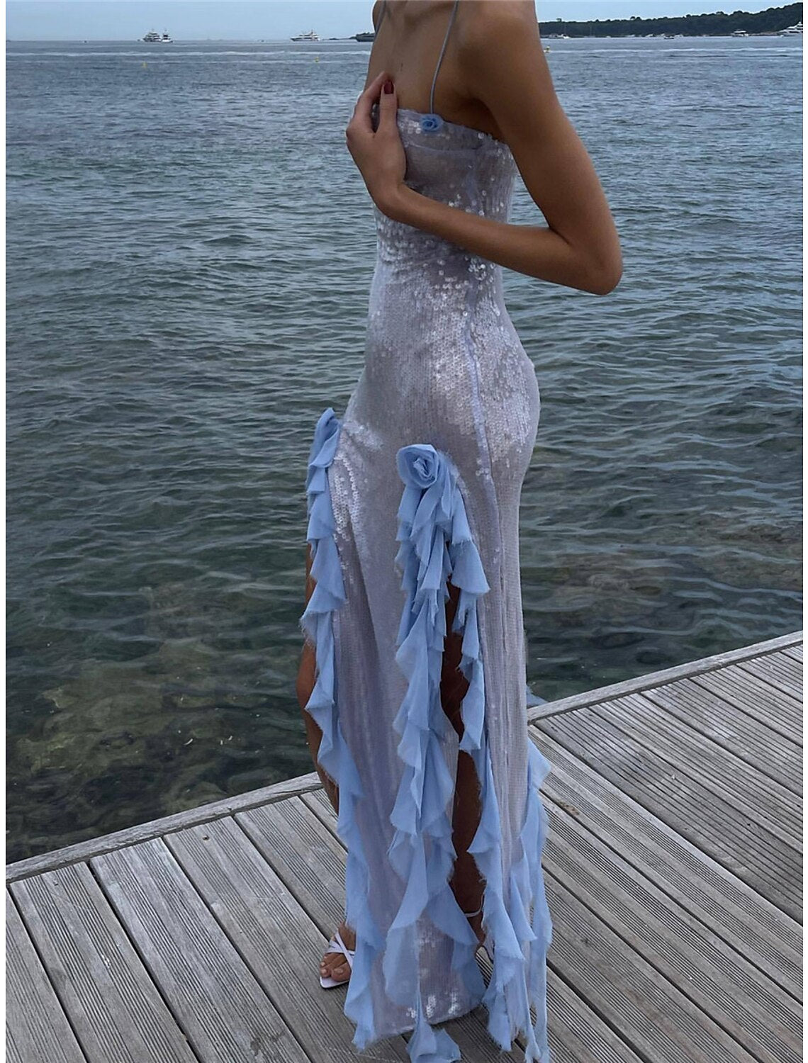 Weitese Women's Sequin Dress Prom Dress Party Dress Sparkly Dress Cocktail Dress Long Dress Maxi Dress Blue Sleeveless Summer Spring Fall Spaghetti Strap Fashion Evening