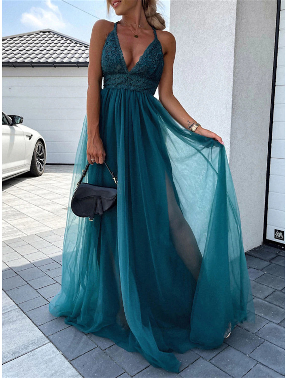 Weitese Women's Prom Dress Party Dress Lace Dress Long Dress Maxi Dress Pink Green Sleeveless Pure Color Lace Summer Spring Fall Spaghetti Strap Fashion Birthday Evening Party Wedding Guest