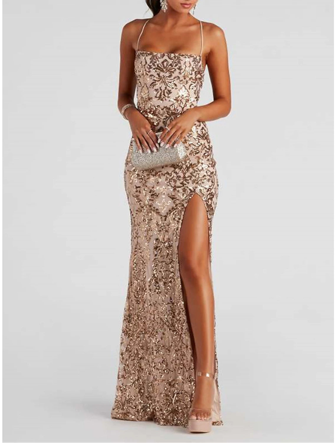 Weitese Women's Sequin Dress Prom Dress Party Dress Long Dress Maxi Dress Blue Gold Sleeveless Plain Sequins Summer Spring Fall Halter Neck Party Wedding Guest Evening Party Vacation