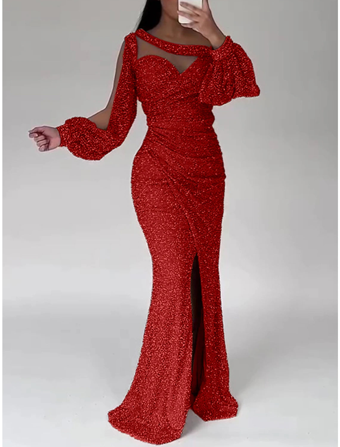 Weitese Mermaid Dress Evening Gown Champagne Gown Sparkle Sequin Dress Formal Floor Length Long Sleeve Scoop Neck with Ruched Slit