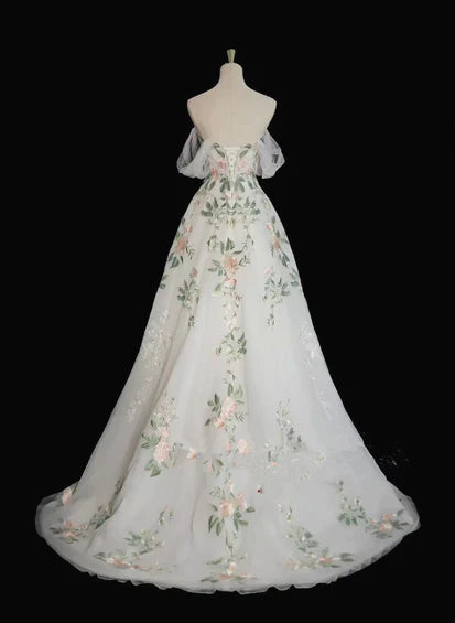 A-line Tulle with Flower Lace White Wedding Party Dress