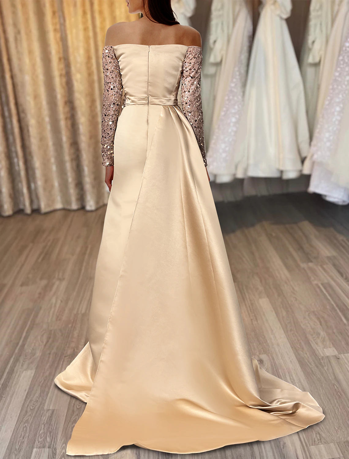 Weitese Mermaid Black Dress Evening Gown Sparkle & Shine Dress Formal Wedding Party Court Train Long Sleeve Off Shoulder Fall Wedding Reception Satin with Ruched Sequin Slit