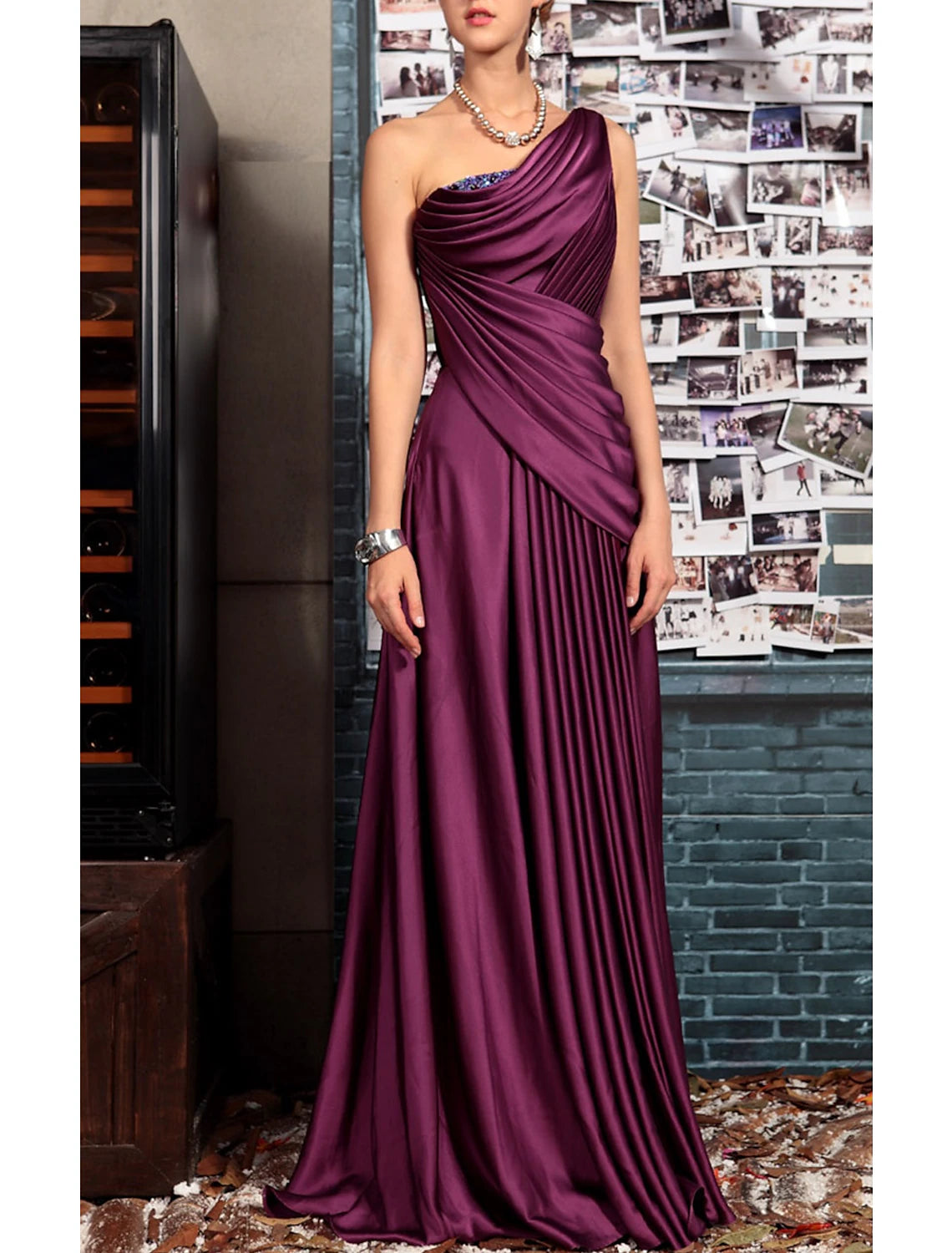 Weitese Sheath Black Dress Evening Gown Elegant Dress Formal Evening Floor Length Sleeveless One Shoulder Fall Wedding Guest Satin Backless with Pleats Crystals Draping