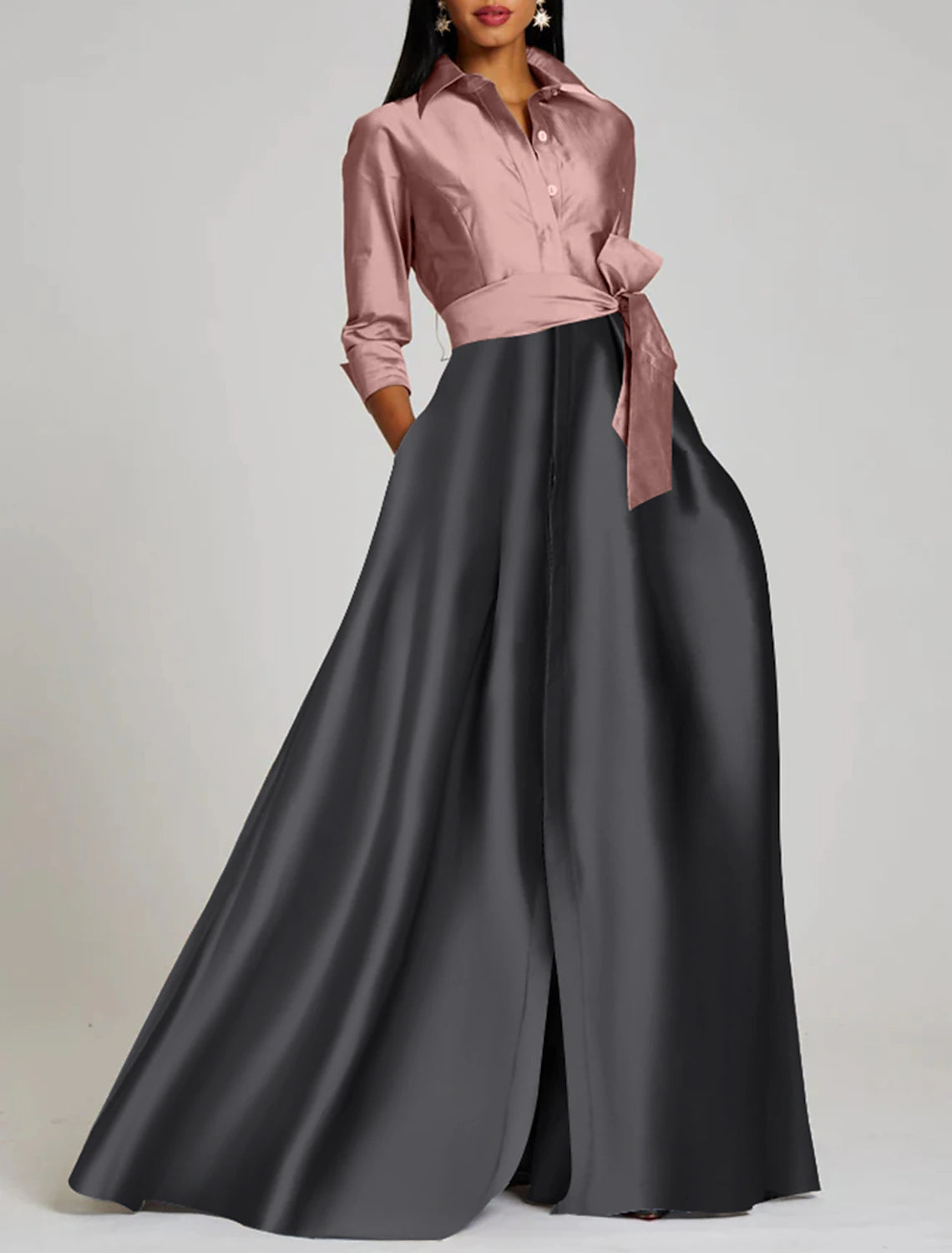 Weitese A-Line Evening Gown Elegant Dress Formal Floor Length 3/4 Length Sleeve Shirt Collar Satin with Slit Strappy