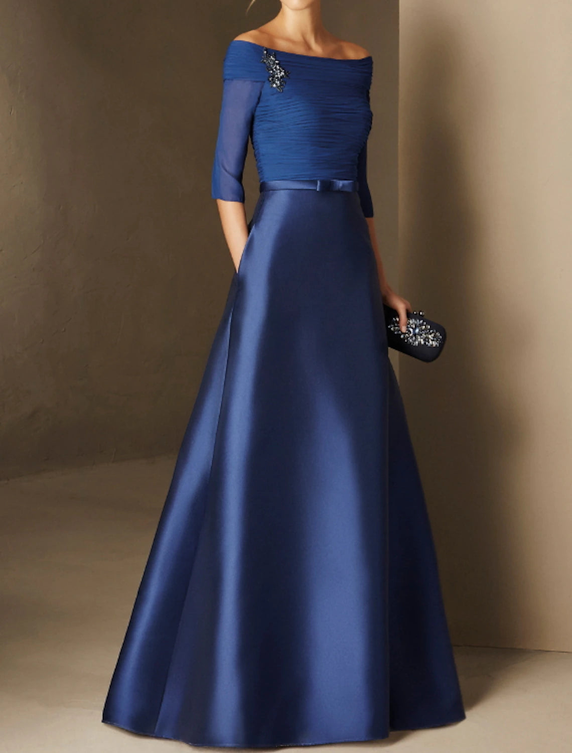 Weitese A-Line Evening Gown Elegant Dress Engagement Formal Evening Floor Length Half Sleeve Off Shoulder Fall Wedding Guest Chiffon with Ruched