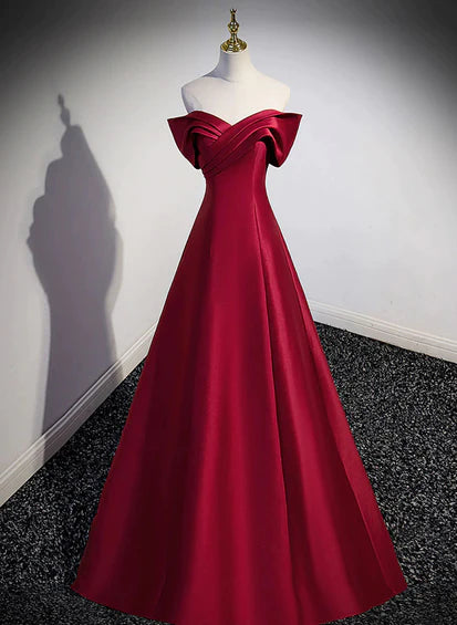 Vestido de fiesta de satén rojo vino, largo hasta el suelo, con hombros descubiertos y corte A