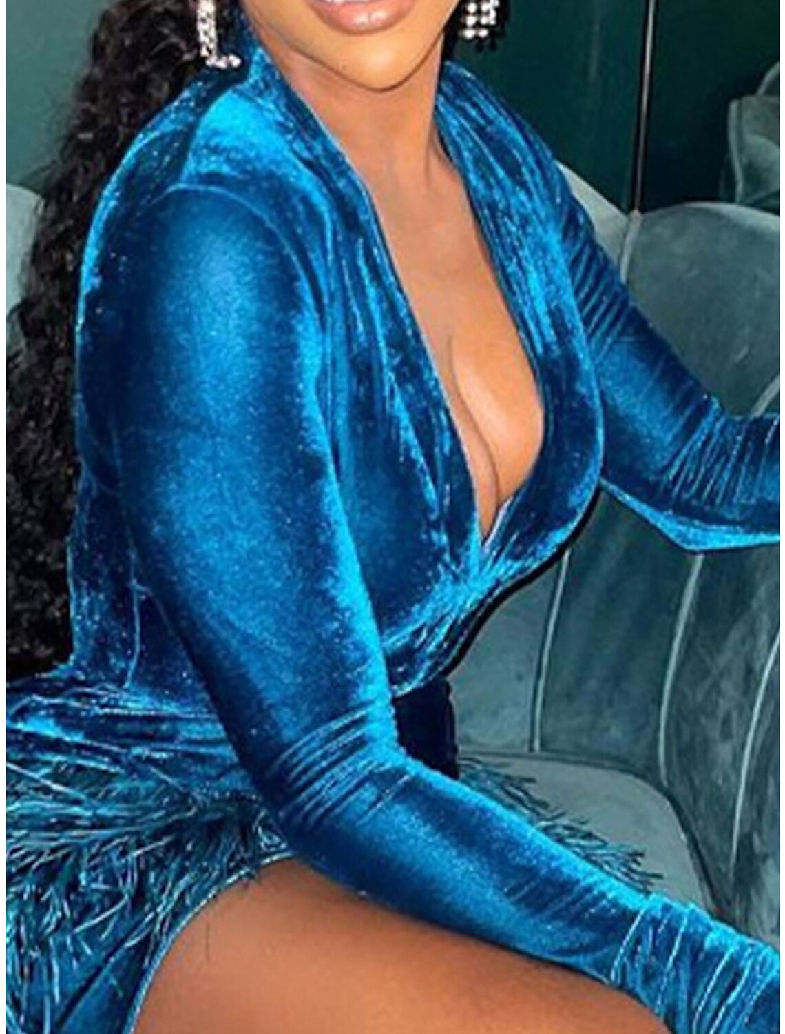Robe en velours Weitese pour femme, robe à franges, robe de soirée, mini robe bleue, manches longues, couleur unie, franges, printemps, automne, hiver, col en V, mode, robe d'hiver, robe de soirée pour invité de mariage