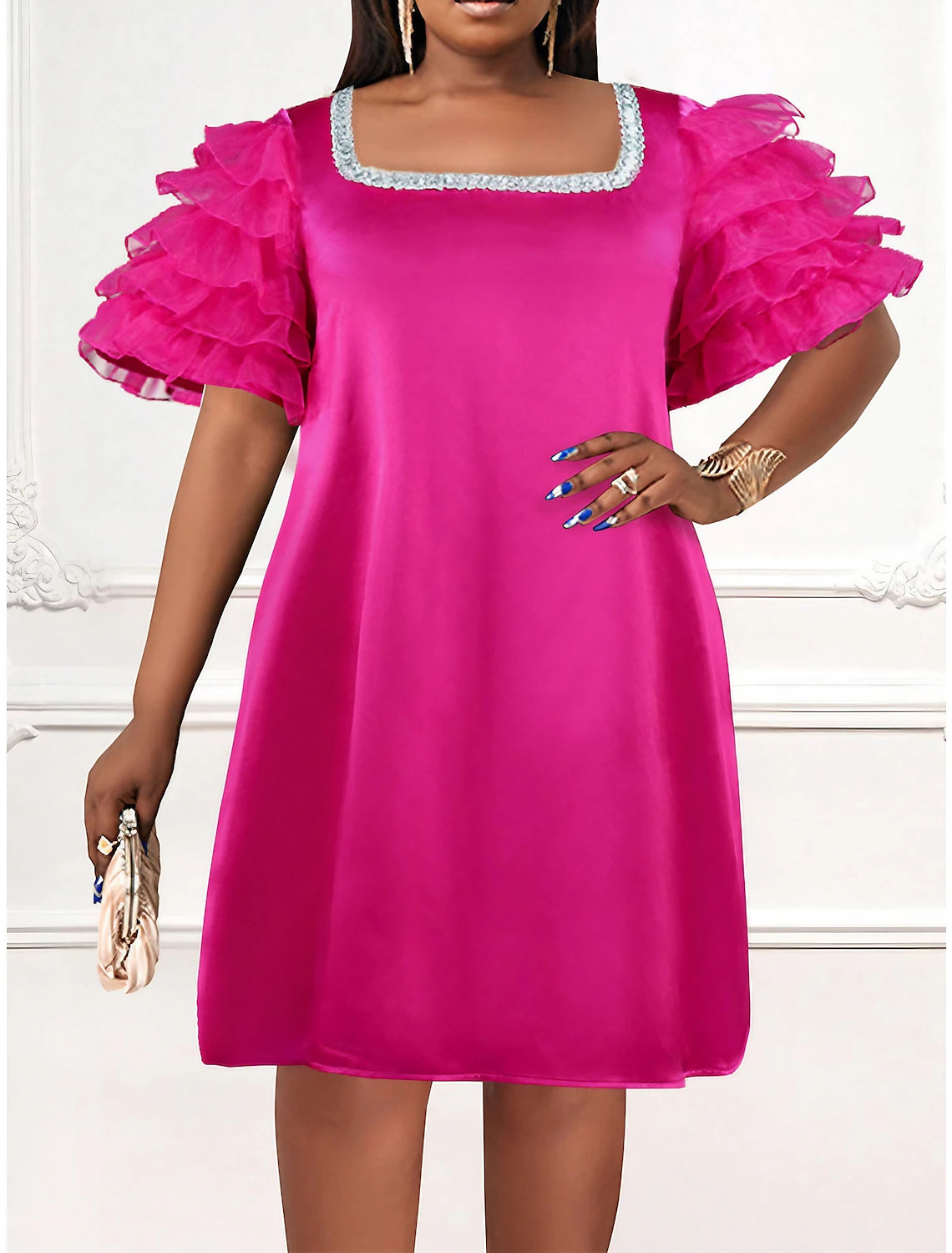 Weitese Women's Party Dress Wedding Guest Dress Peplum Dresses Mini Dress Fuchsia Short Sleeve Pure Color Ruffle Spring Fall Winter Square Neck Fashion Winter Dress Wedding Guest Evening Party