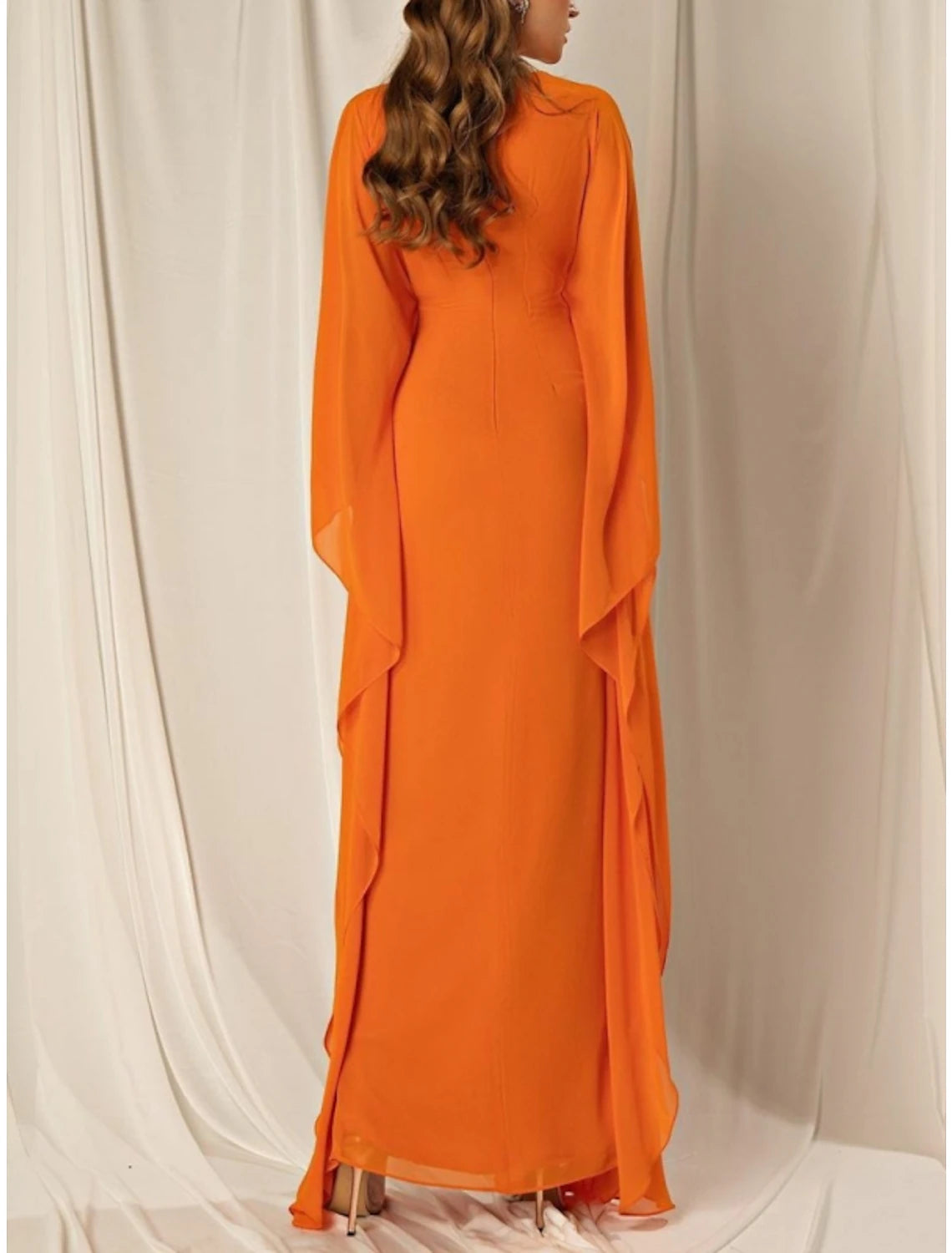 Weitese Sheath / Column Evening Gown Elegant Dress Formal Fall Ankle Length Long Sleeve V Neck Chiffon with Ruched Ruffles