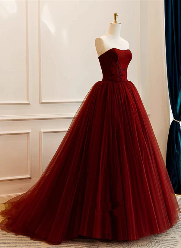 Wine Red Scoop Sweetheart Tulle Ball Gown Prom Dress