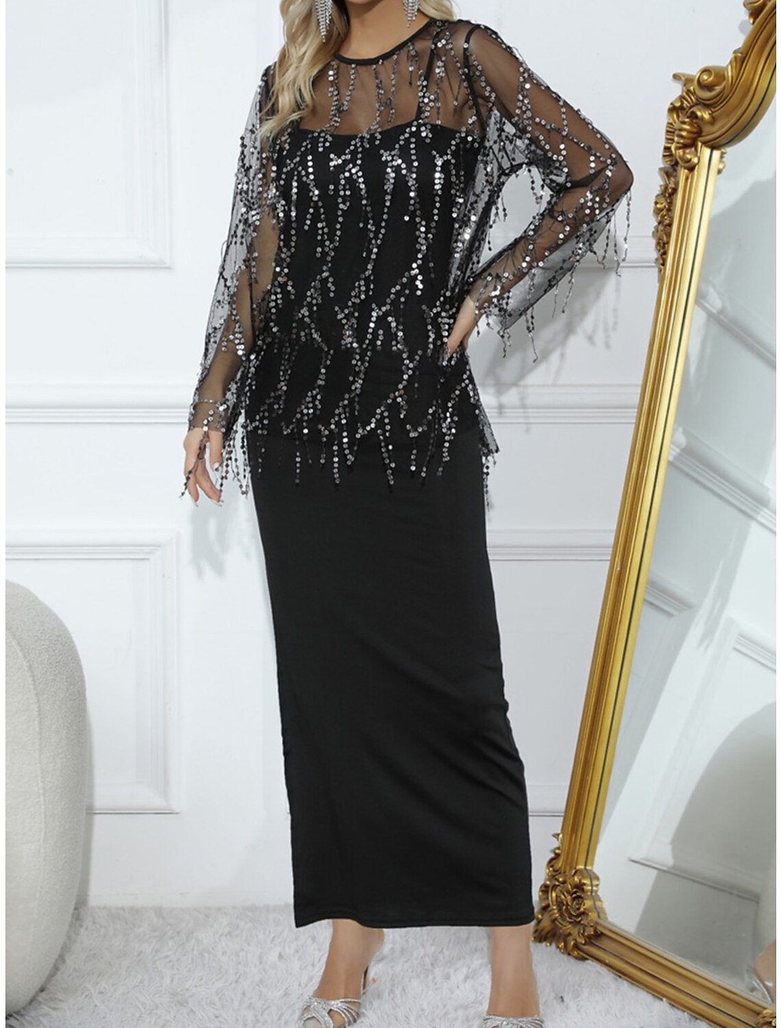 Weitese Women's Little Black Dress Sequin Dress Prom Dress Long Dress Maxi Dress Black Long Sleeve Pure Color Sequins Fall Winter Crew Neck Fashion Winter Dress Wedding Guest Evening Party
