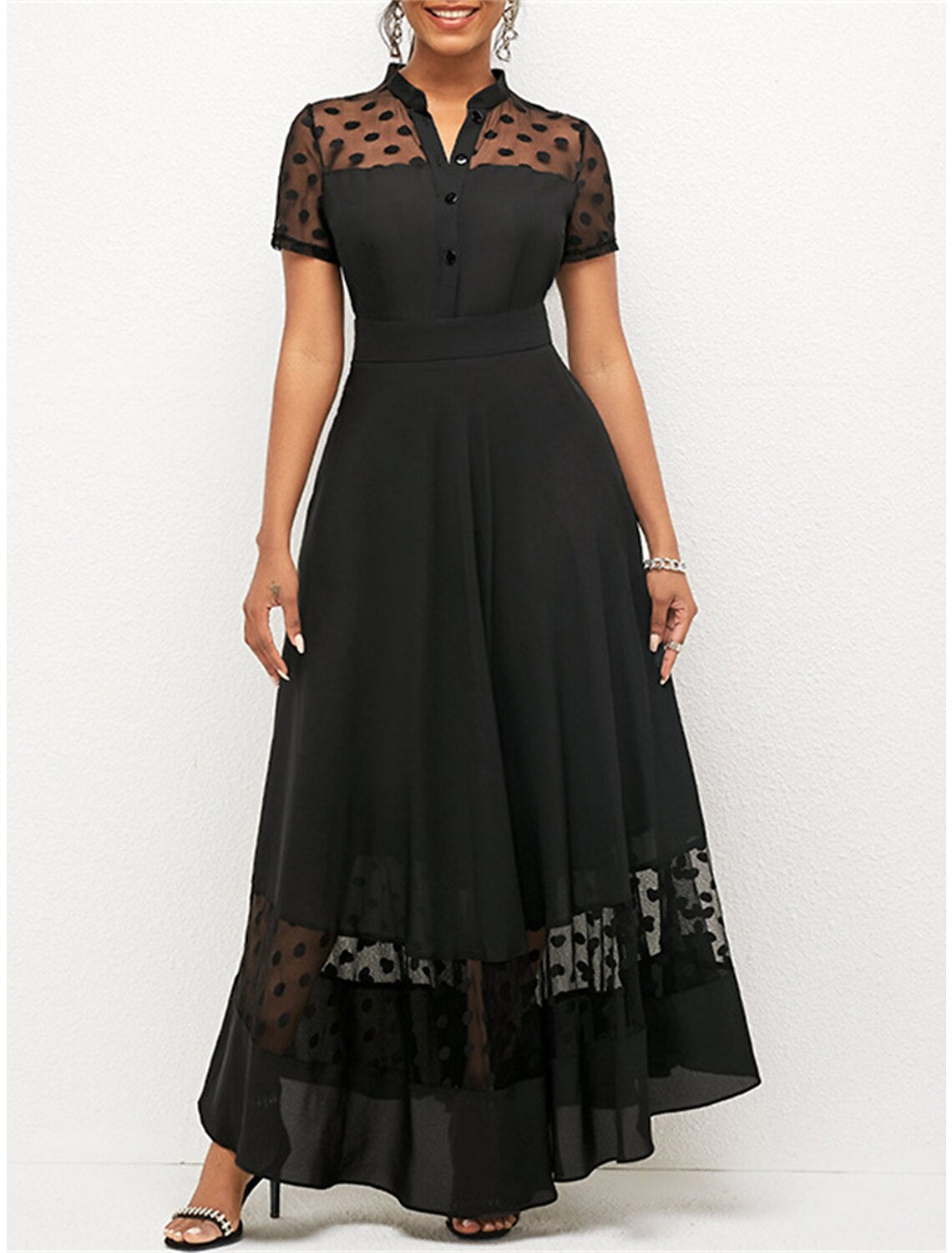 Women's Prom Dress Party Dress Cocktail Dress Long Dress Maxi Dress Black Wine Short Sleeve Polka Dot Ruched Spring Fall Winter V Neck Fashion Winter Dress Wedding Guest Birthday
