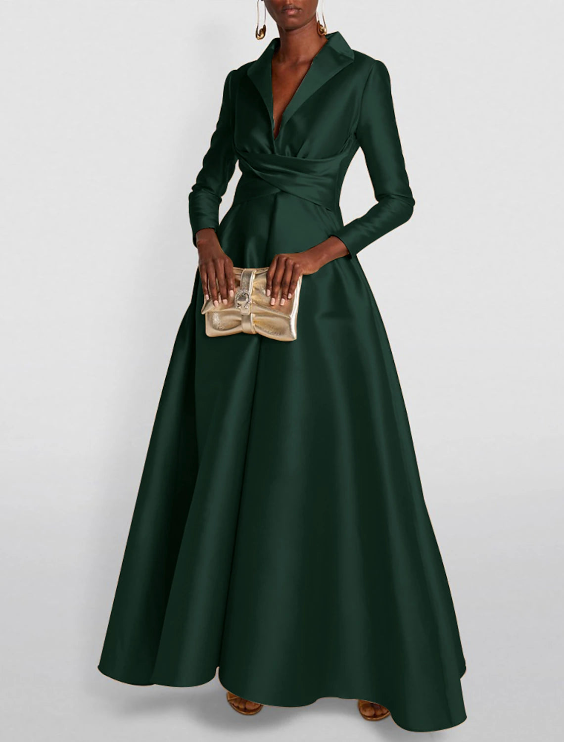 Weitese A-Line Evening Gown Elegant Red Green Dress Formal Wedding Guest Floor Length Long Sleeve Shirt Collar Satin with Ruched