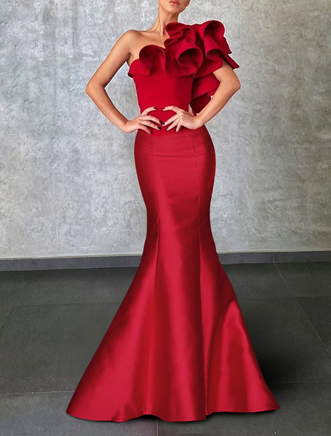 Weitese Mermaid Black Dress Evening Gown Corsets Dress Formal Wedding Guest Floor Length Sleeveless One Shoulder Taffeta with Ruffles Shouder Flower