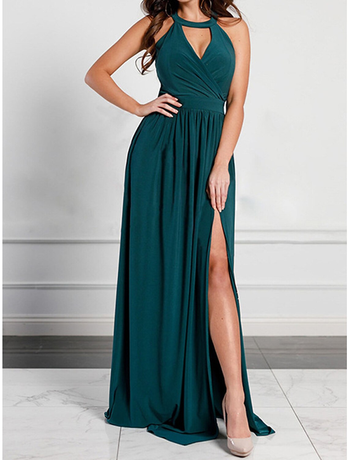 Weitese Women's Prom Dress Party Dress Wedding Guest Dress Long Dress Maxi Dress Pink Wine Green Sleeveless Plain Backless Summer Spring Fall Halter Neck Elegant Wedding Guest Evening Party Vacation