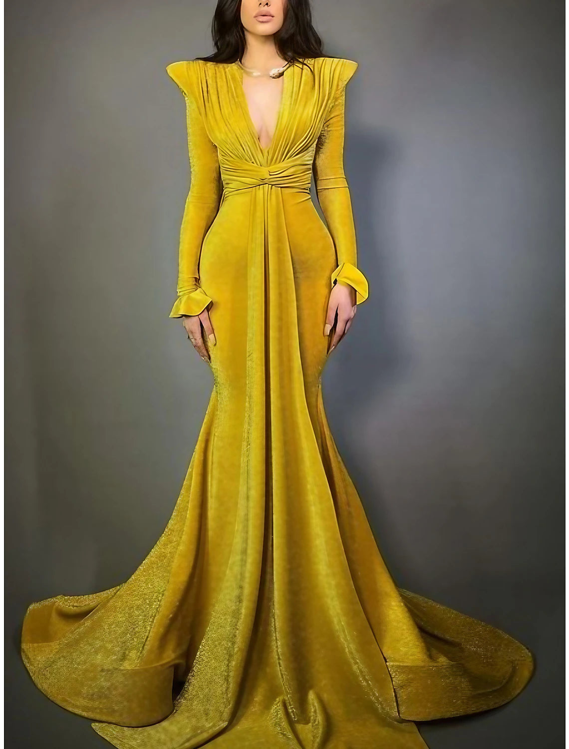 Weitese A-Line Evening Gown Elegant Dress Formal Court Train Formal Long Sleeve V Neck with Glitter Pleats Ruched