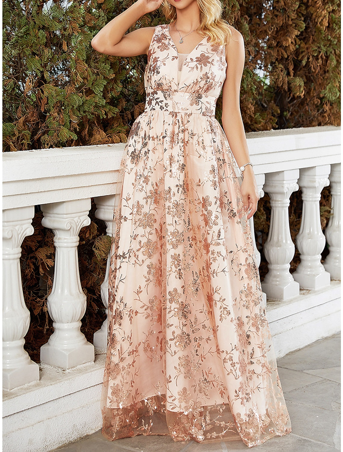 Weitese Women's Party Dress Sequin Dress Wedding Guest Dress Long Dress Maxi Dress Light Yellow Sleeveless Floral Sequins Spring Fall Winter V Neck Fashion Winter Dress Wedding Guest Evening Party