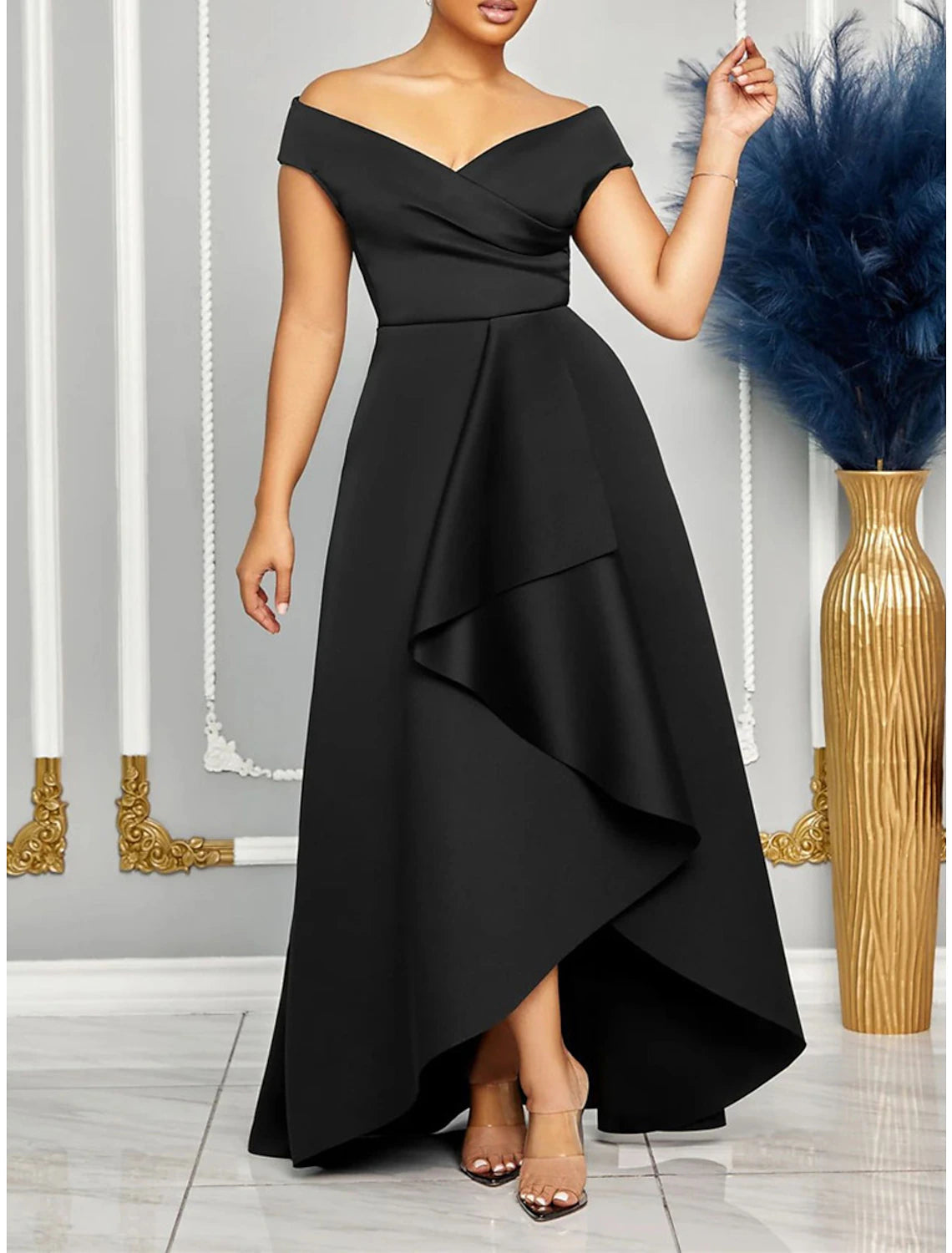 Weitese Women's Prom Dress Party Dress Wedding Guest Dress Long Dress Maxi Dress Black White Red Short Sleeve Plain Ruffle Summer Spring Fall V Neck Elegant Wedding Guest Evening Party Vacation