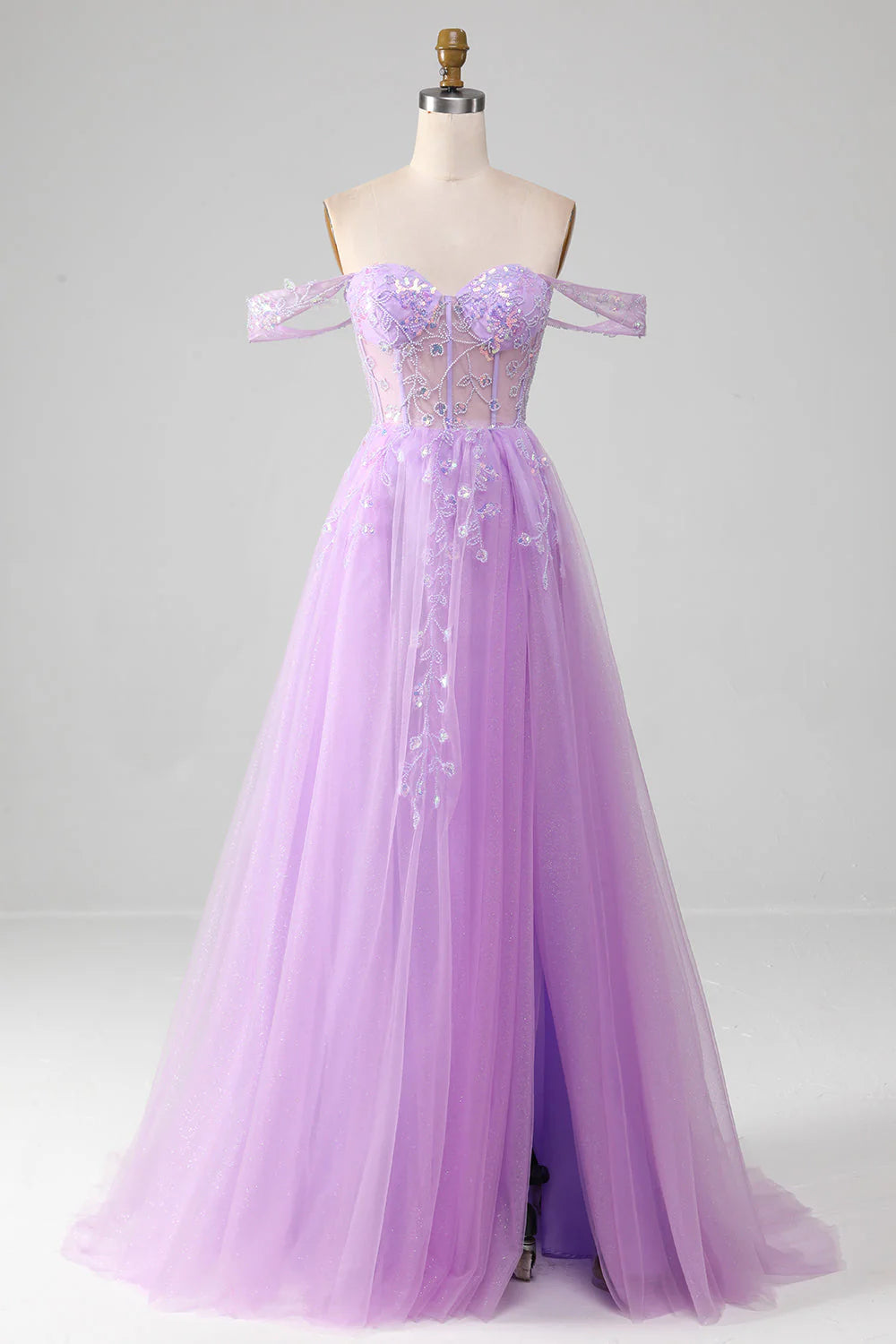 Robe de bal trapèze en tulle à sequins et épaules dénudées avec fente
