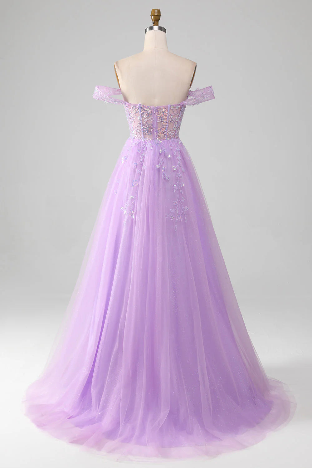 Robe de bal trapèze en tulle à sequins et épaules dénudées avec fente