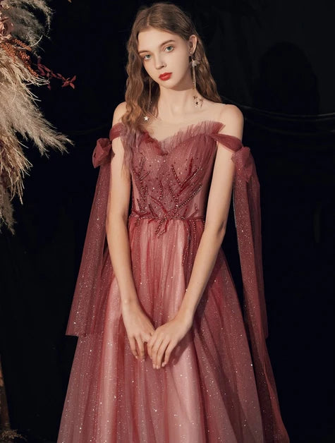 Mauve Glitter Tulle A-Line Sweetheart Lace-Up Back Floor-Length Dress