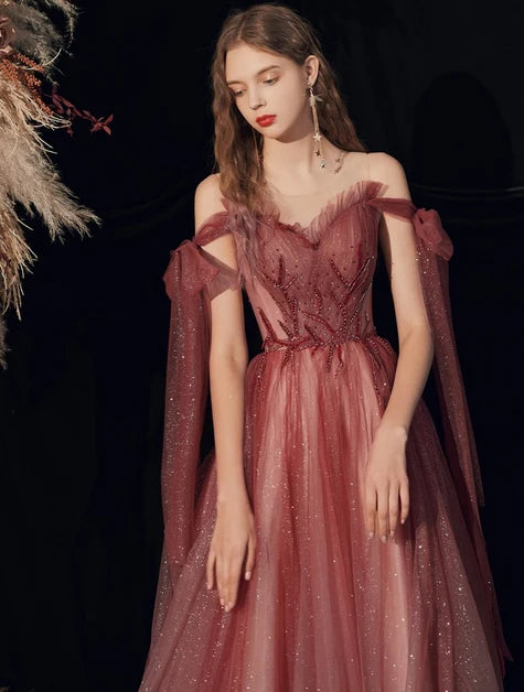 Mauve Glitter Tulle A-Line Sweetheart Lace-Up Back Floor-Length Dress