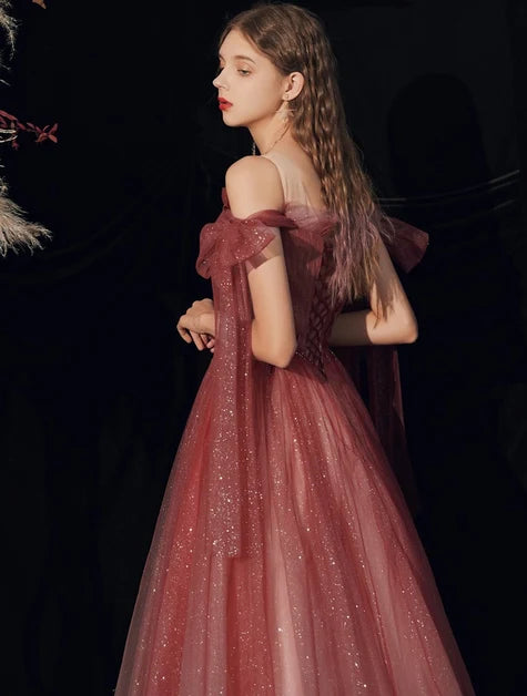 Mauve Glitter Tulle A-Line Sweetheart Lace-Up Back Floor-Length Dress