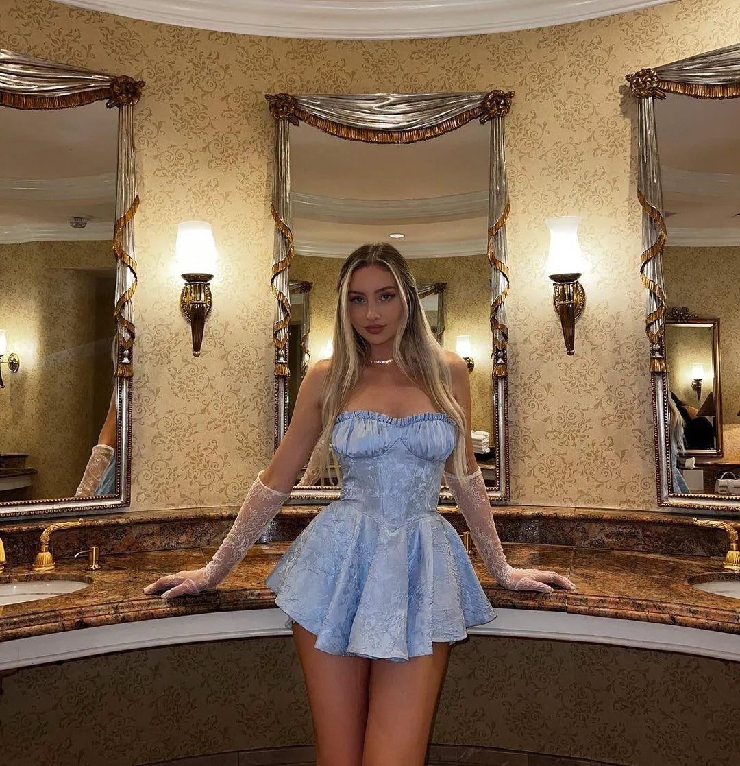 Fairy A-Line Strapless Corset Ruffle Satin Light-Blue Mini Homecoming Dress Hot Sale