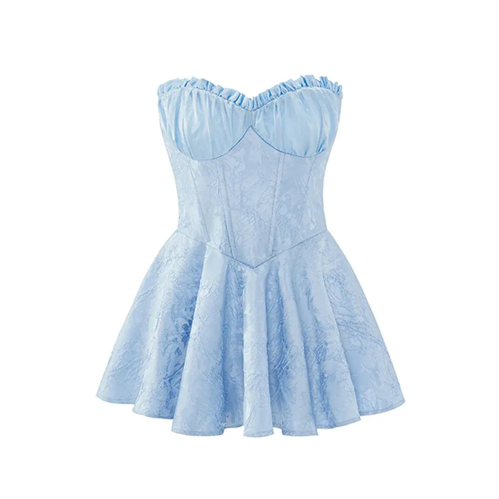 Fairy A-Line Strapless Corset Ruffle Satin Light-Blue Mini Homecoming Dress Hot Sale