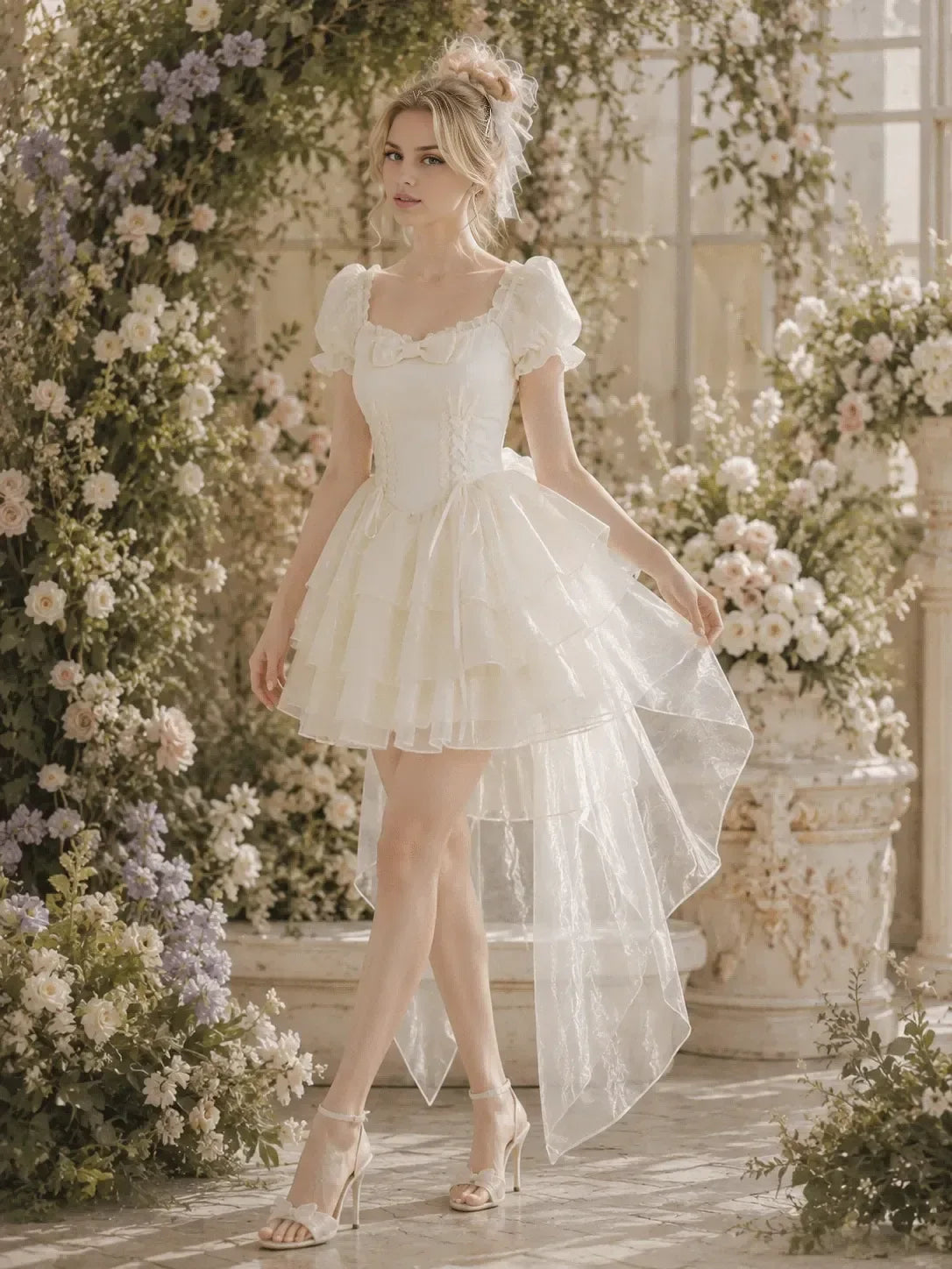 Fairy A-Line Square Neck Puff Sleeve Tiered Ruffle Ivory Short Homecoming Dress With Train