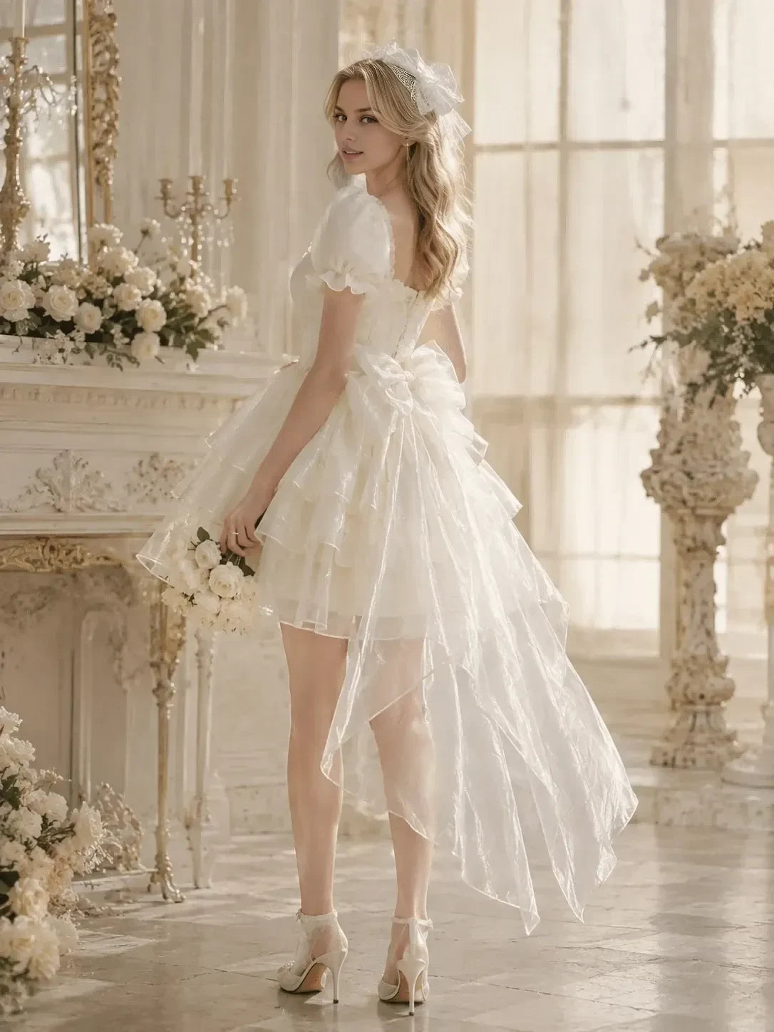 Fairy A-Line Square Neck Puff Sleeve Tiered Ruffle Ivory Short Homecoming Dress With Train