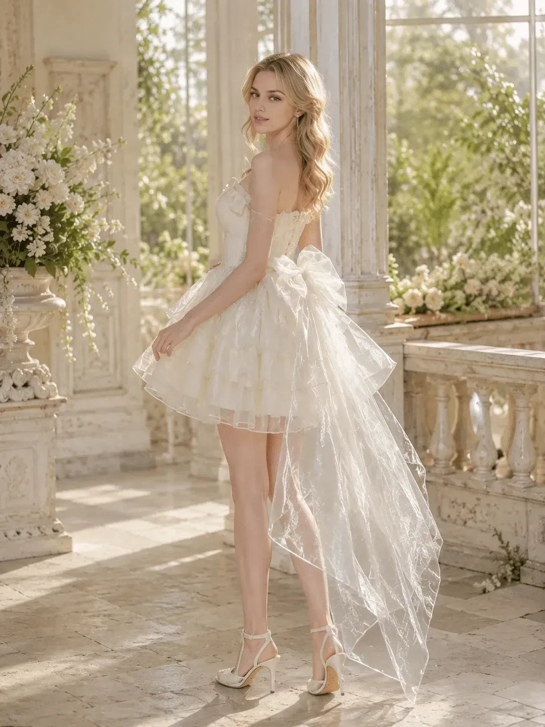 Fairy A-Line Square Neck Puff Sleeve Tiered Ruffle Ivory Short Homecoming Dress With Train