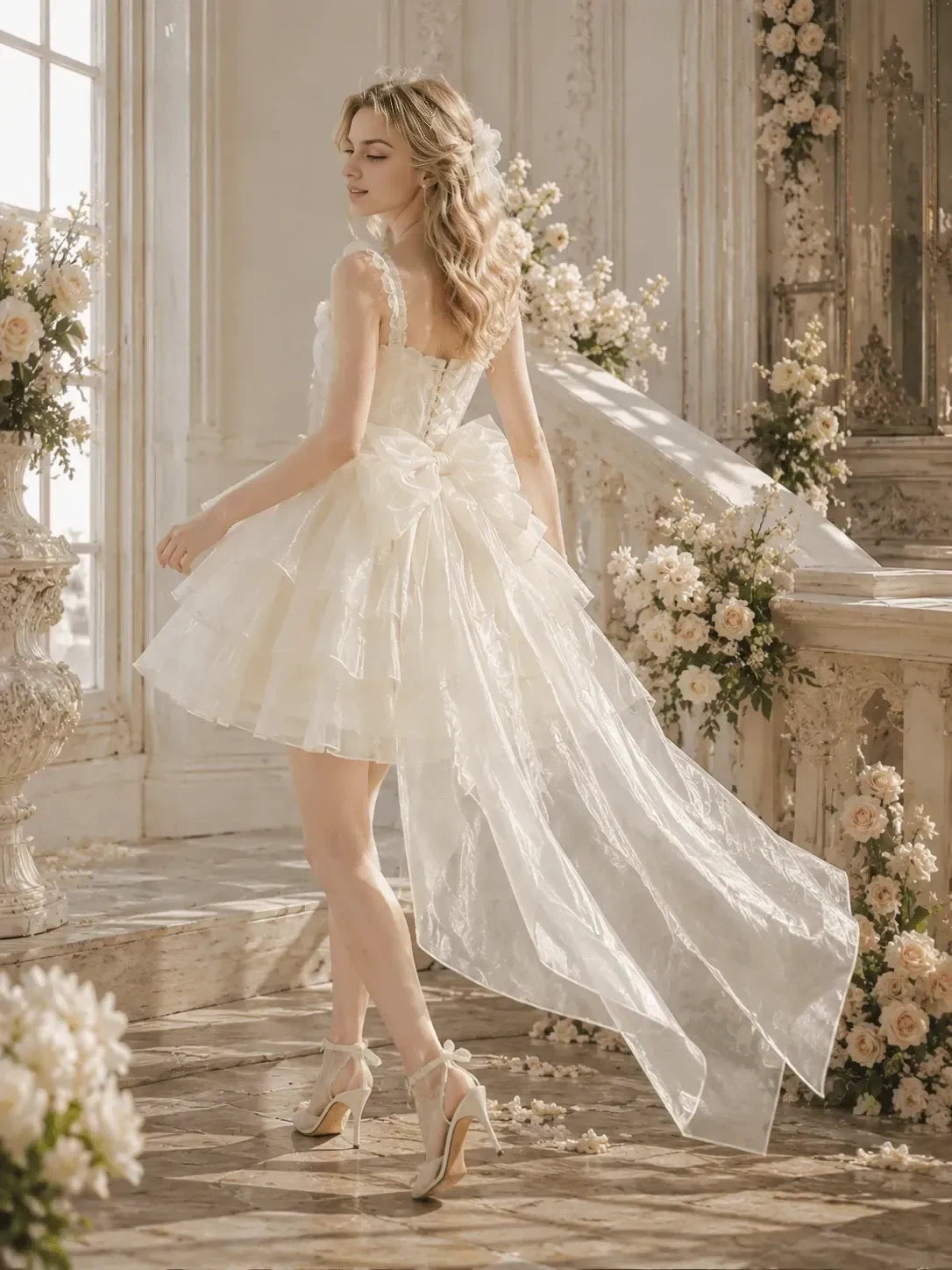 Fairy A-Line Square Neck Puff Sleeve Tiered Ruffle Ivory Short Homecoming Dress With Train