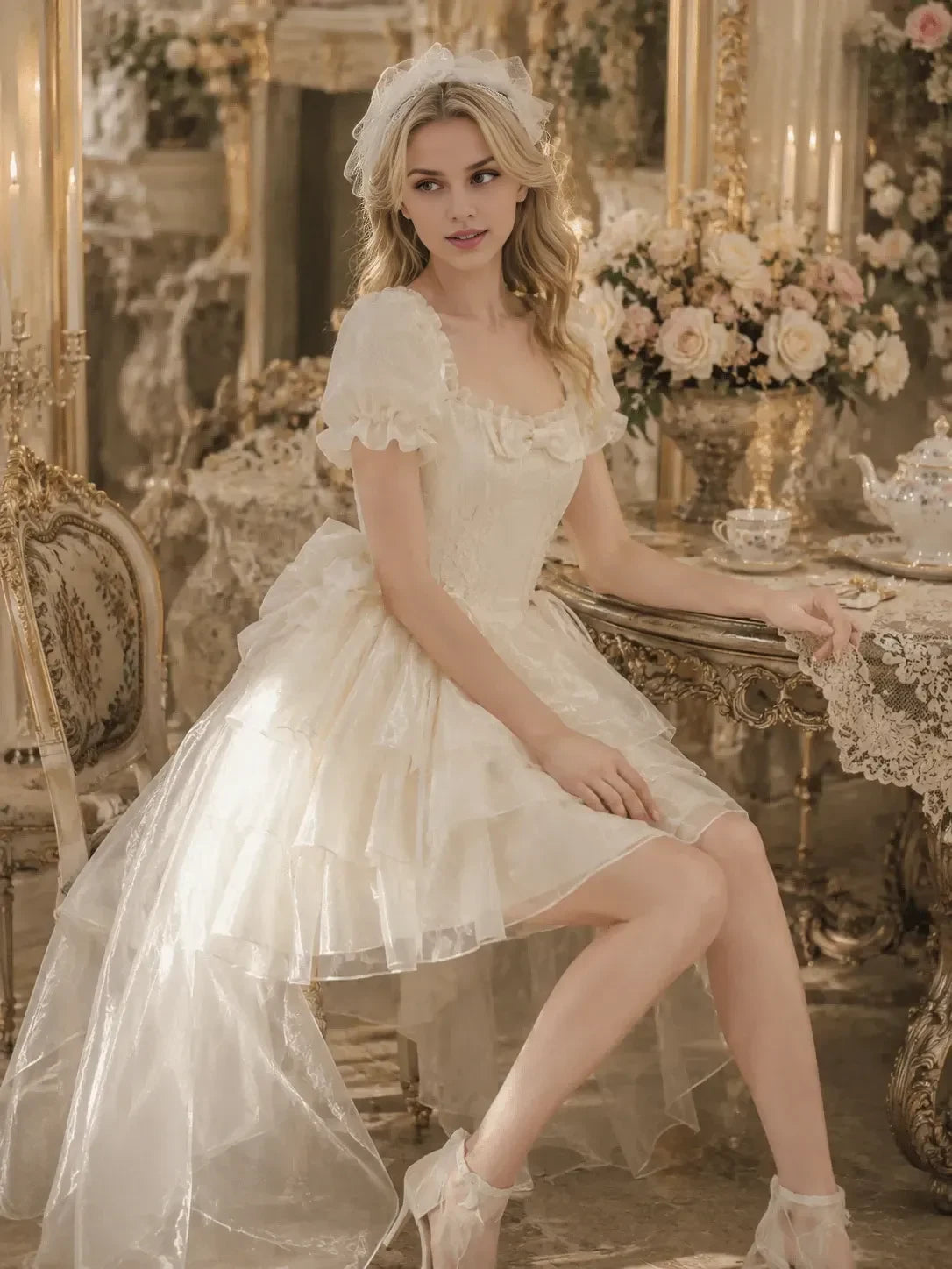 Fairy A-Line Square Neck Puff Sleeve Tiered Ruffle Ivory Short Homecoming Dress With Train