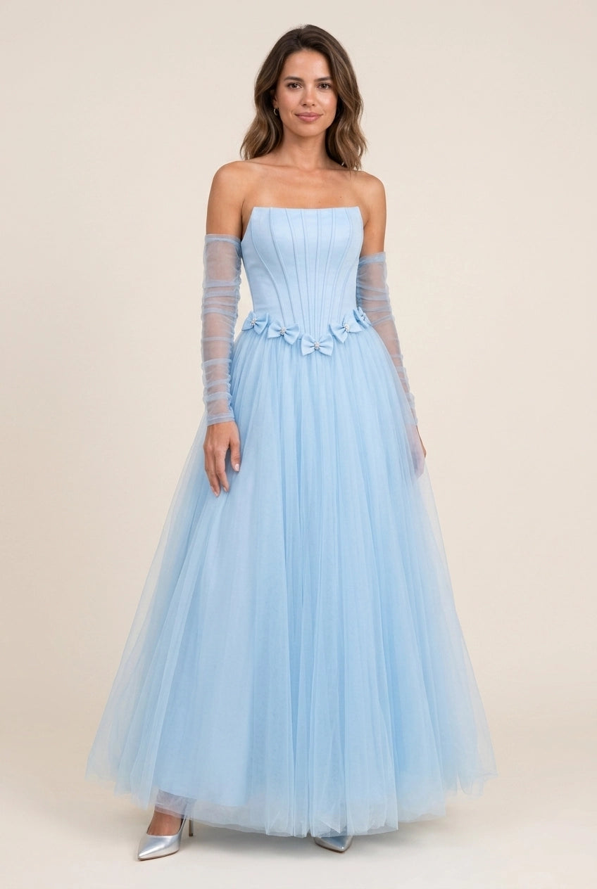 Fairy A-Line Strapless corset Pleated Bow Accent Light Blue Floor-Length Prom Dress