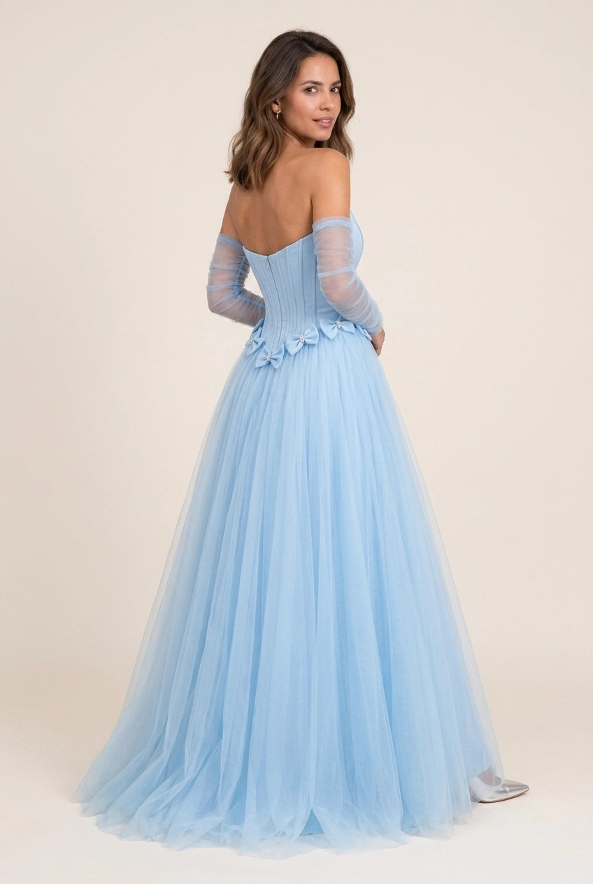 Fairy A-Line Strapless corset Pleated Bow Accent Light Blue Floor-Length Prom Dress