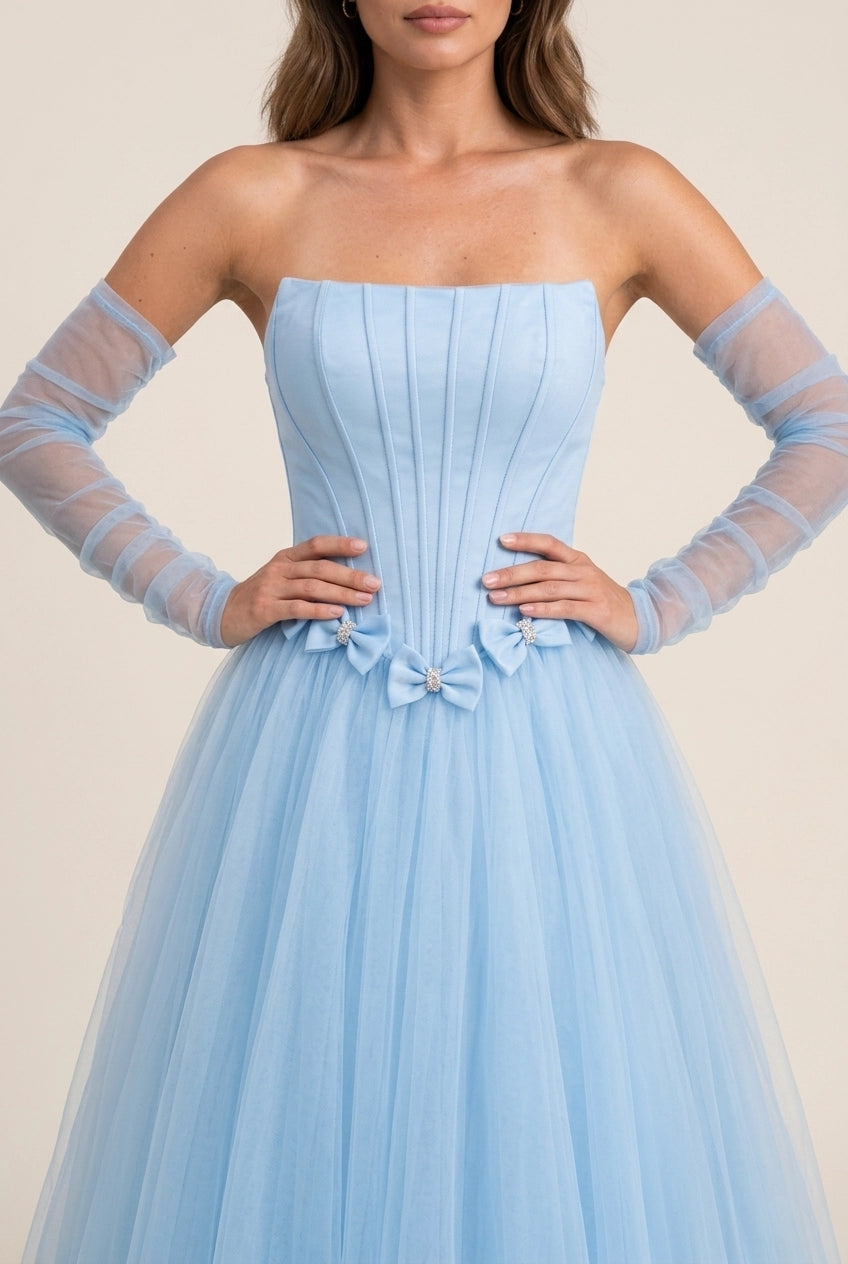 Fairy A-Line Strapless corset Pleated Bow Accent Light Blue Floor-Length Prom Dress