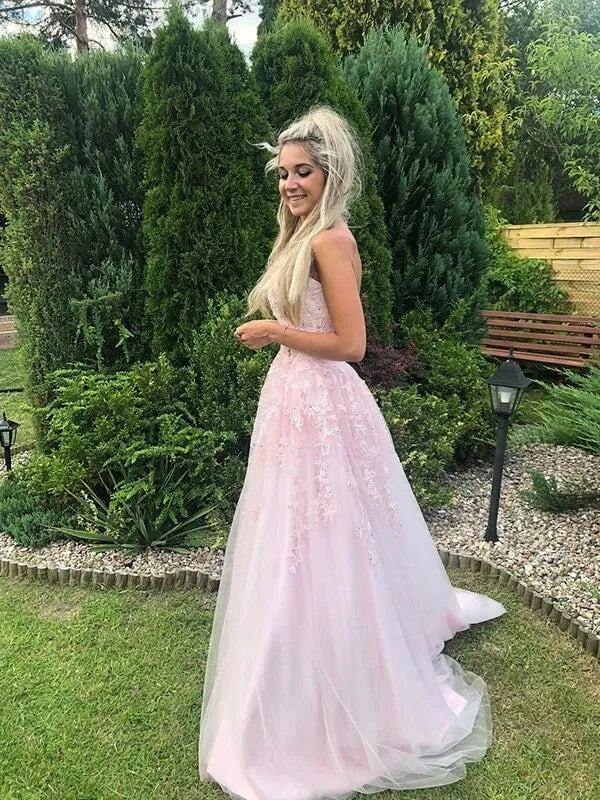 Fairytale A-Line Strapless Sleeveless Lace Appliqué Tulle Maxi Prom Dress