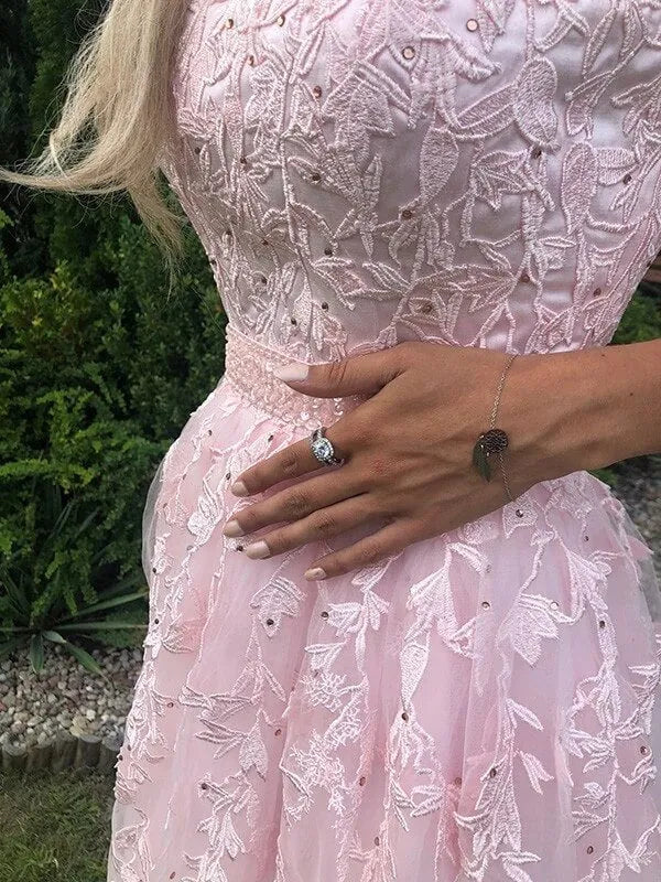 Fairytale A-Line Strapless Sleeveless Lace Appliqué Tulle Maxi Prom Dress