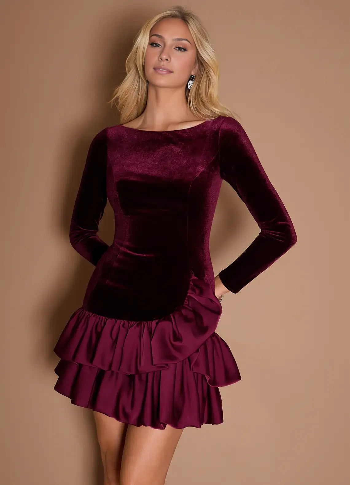 Fashion A-Line Boat Neck Long Sleeve Zipper Up Short-Mini Evening Dress